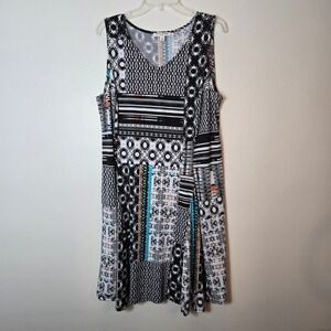 Studio Works Woman 1X Sleeveless Shift Dress Mixed Geometric Tribal Print Black